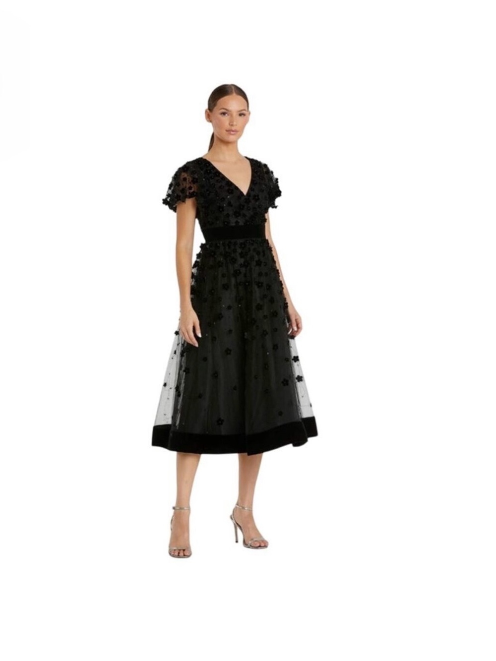 MAC DUGGAL Dress Size 14 Evening Gown NEW Floral Black Velvet Hem Midi V Neck